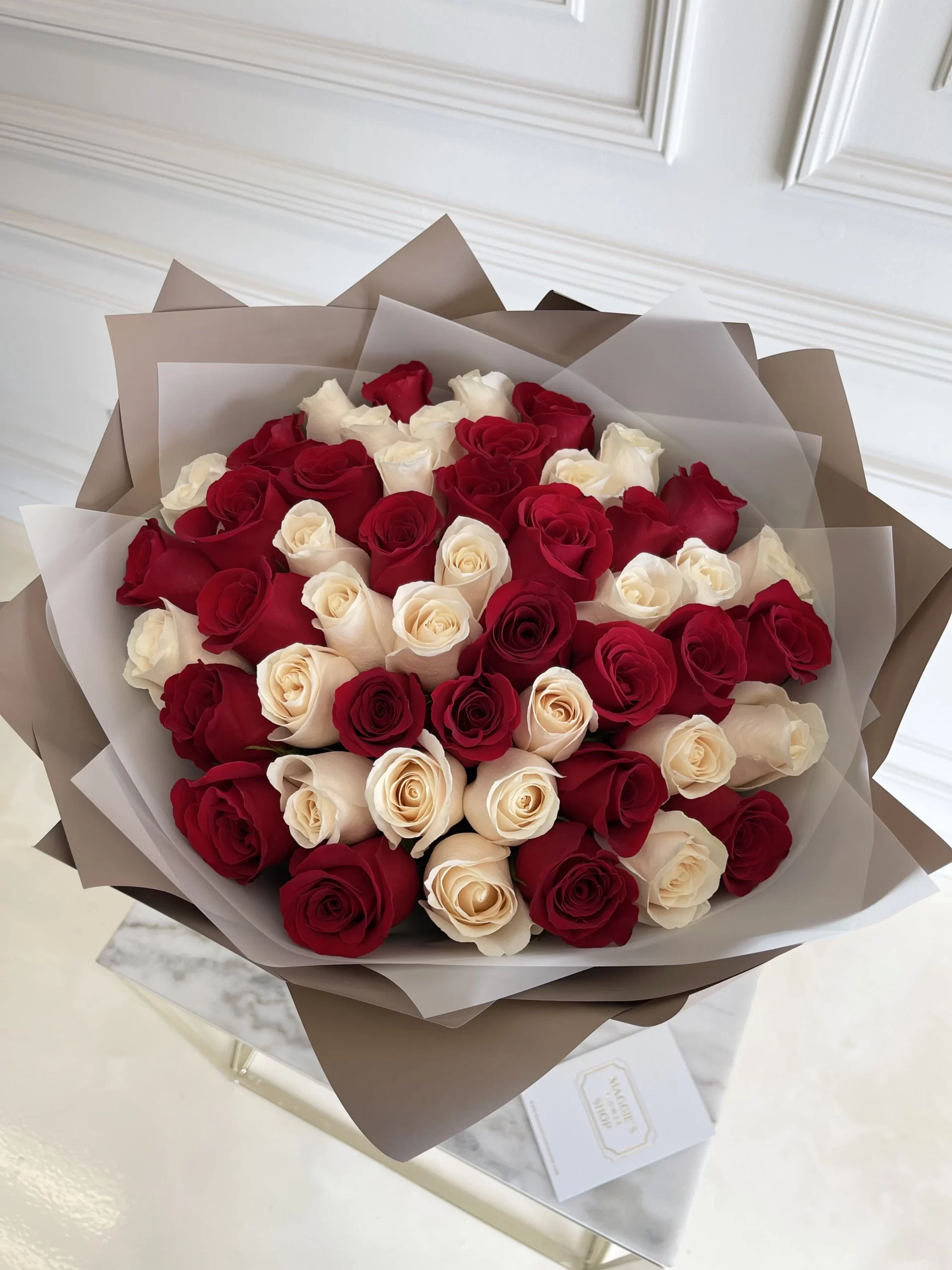 B&BA 50 white and red Rose Bouquet
